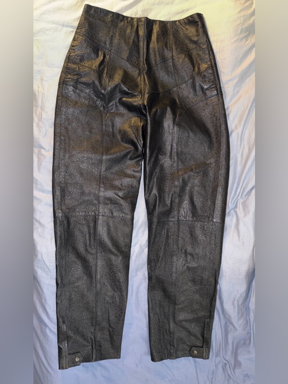 Vintage Black Leather Pants High Waist Tapered Ostrich Embossed Ankle Buckle 10